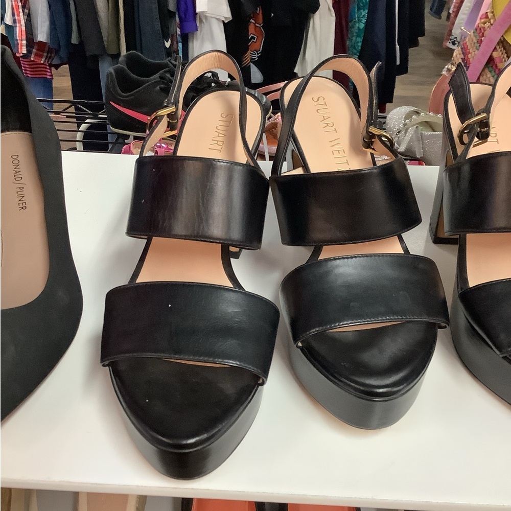 Stuart Weitzman Black Leather Platform Slingback Sandals